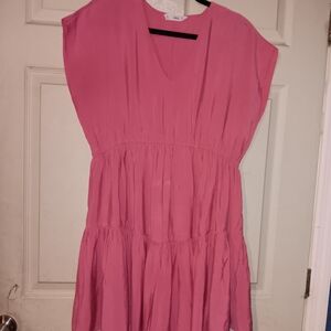 Euc MNG BY MANGO Coral Color V Neck         Ruffle Dress Sz 4 Cotton Blend